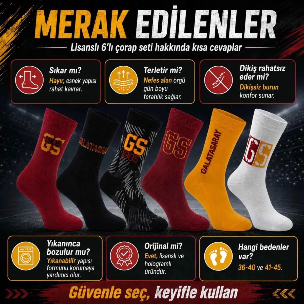 Galatasaray Lisanslı Yetişkin Çorap 6’lı Set – Kadın Erkek GS Taraftar Çorabı, Dikişsiz ve Esnek