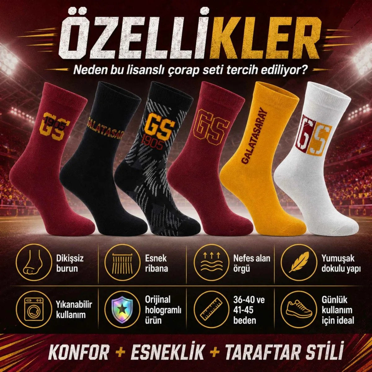 Galatasaray Lisanslı Yetişkin Çorap 6’lı Set – Kadın Erkek GS Taraftar Çorabı, Dikişsiz ve Esnek