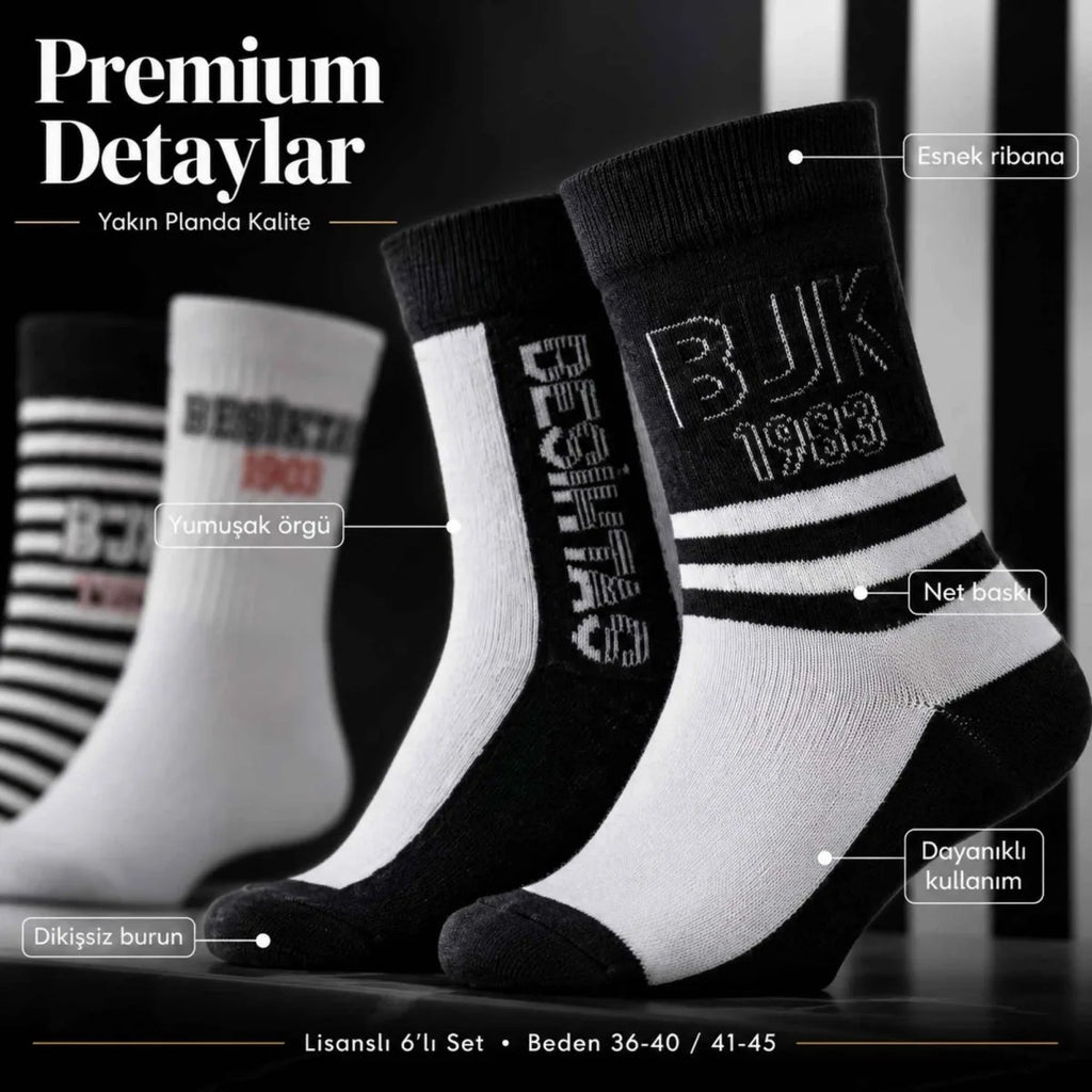Beşiktaş Taraftar Çorabı 6’lı Set – Siyah Beyaz BJK 1903 Desenli Yetişkin Günlük Çorap