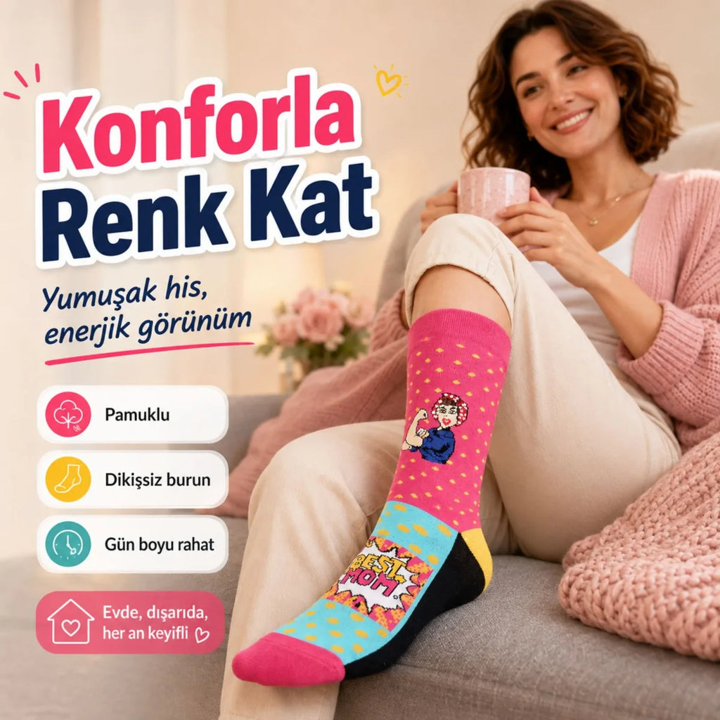 Best Mom Kadın Çorabı 36-40 Pamuklu Dikişsiz Burun Pop Art Desenli Renkli Soket Hediyelik Çorap