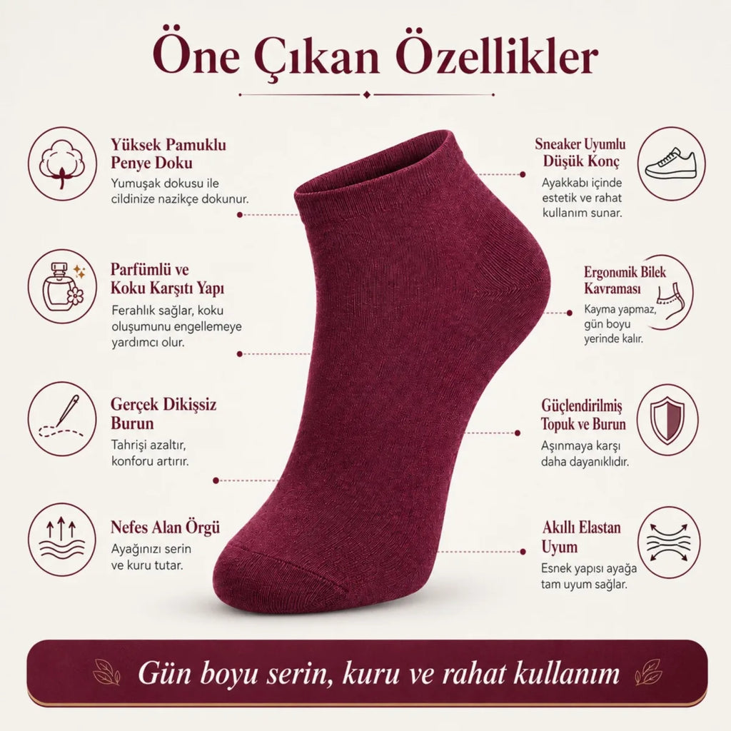 Erkek Pamuklu Patik Çorap 12'li 39-44 | Dikişsiz Burun, Koku Karşıtı, Nefes Alan Sneaker