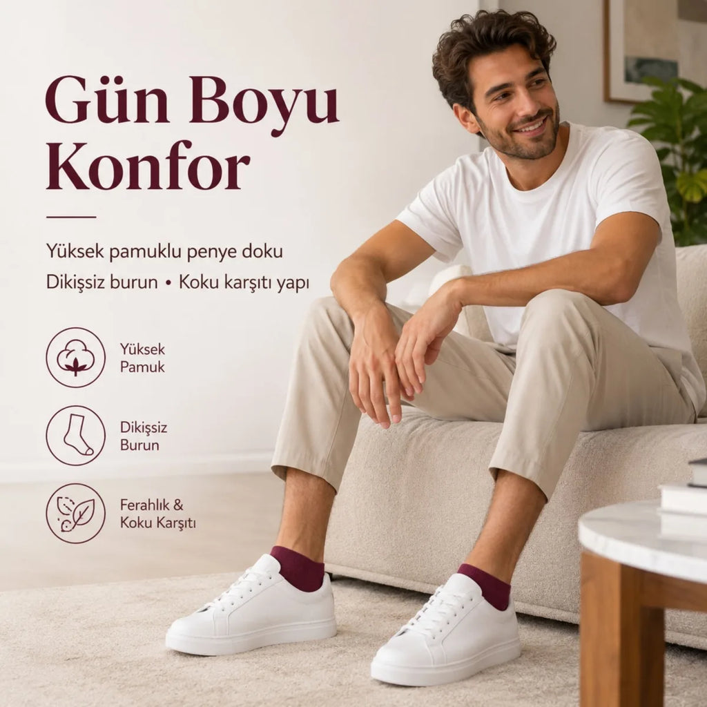 Erkek Pamuklu Patik Çorap 12'li 39-44 | Dikişsiz Burun, Koku Karşıtı, Nefes Alan Sneaker