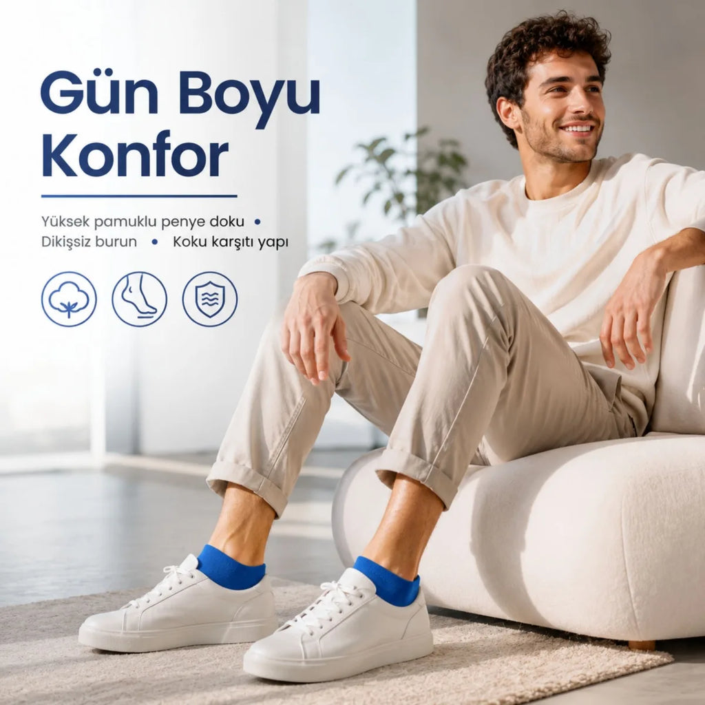 Erkek Pamuklu Patik Çorap 12'li 39-44 | Dikişsiz Burun, Koku Karşıtı, Nefes Alan Sneaker