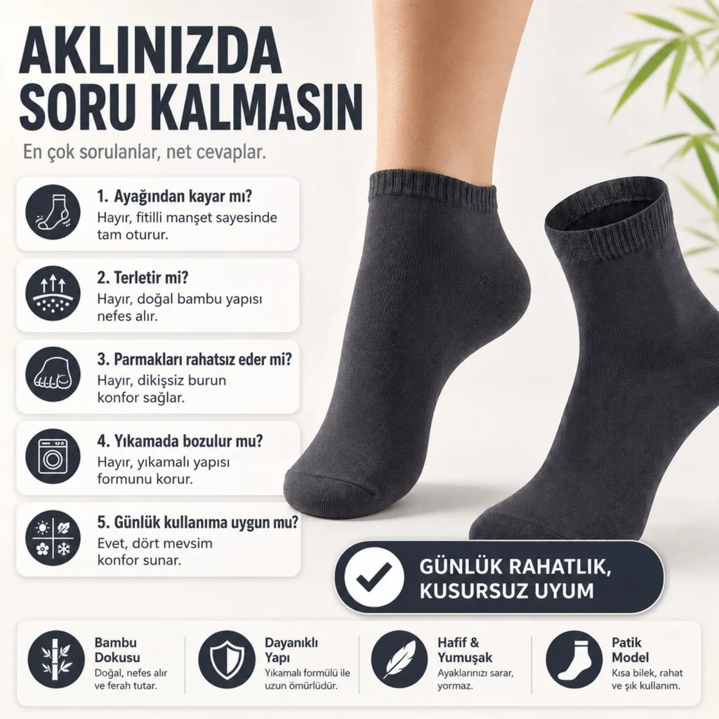 Erkek Kısa Konç 12’li Bambu Çorap 39-44 Dikişsiz Burun Nefes Alan Yumuşak Günlük Patik Çorap