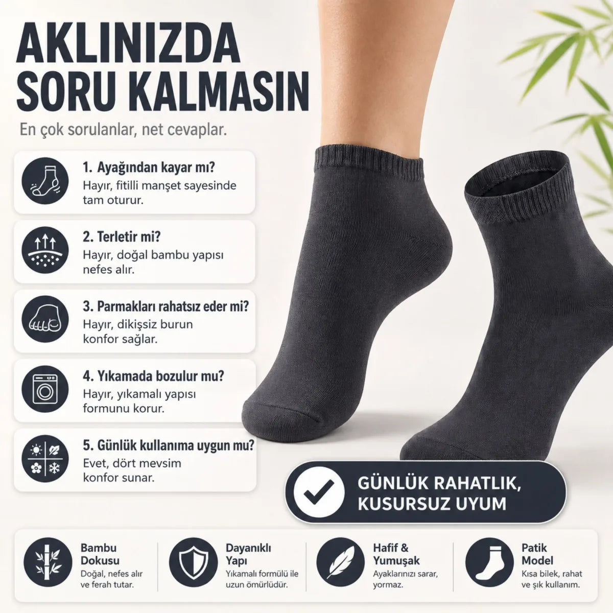 Erkek Kısa Konç 6’lı Bambu Çorap 39-44 Dikişsiz Burun Nefes Alan Yumuşak Günlük Patik Çorap