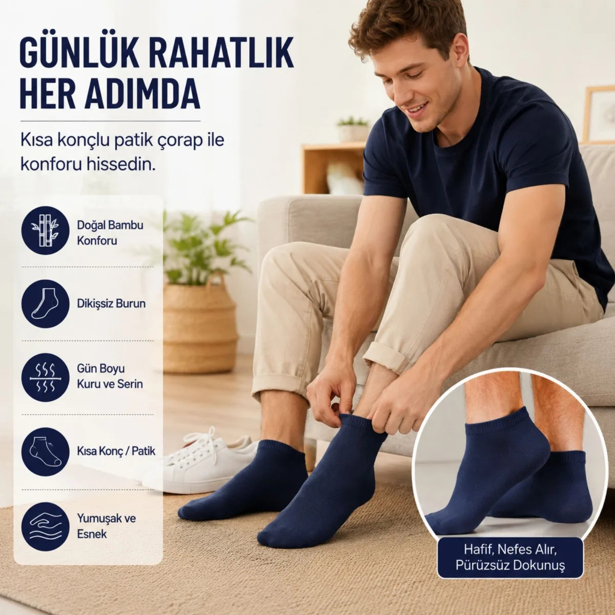 Erkek Bambu Patik Çorap 8'li 39-44 | Dikişsiz Burun Nefes Alan Yumuşak Çok Renkli