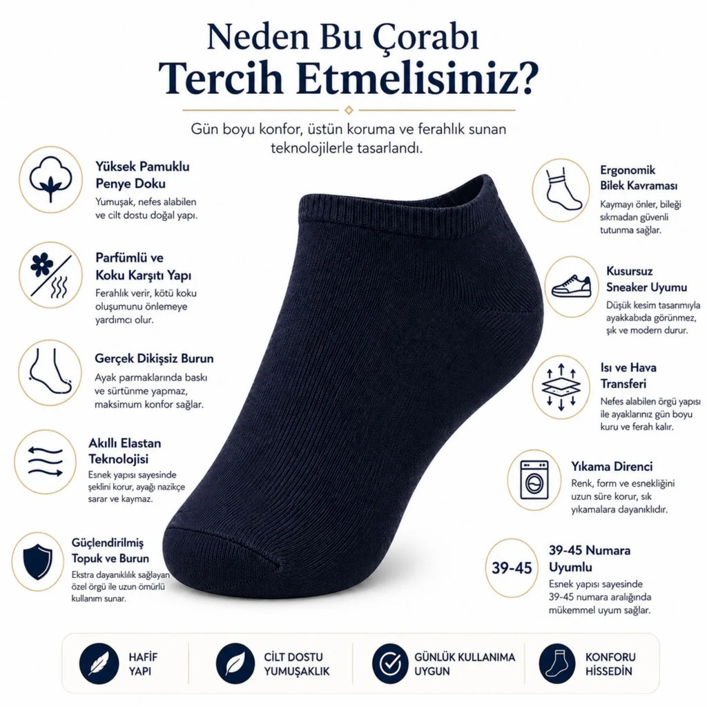 Erkek Patik Çorap 12’li Renk Seçenekleri 39-44 Yüksek Pamuklu Dikişsiz Koku Karşıtı
