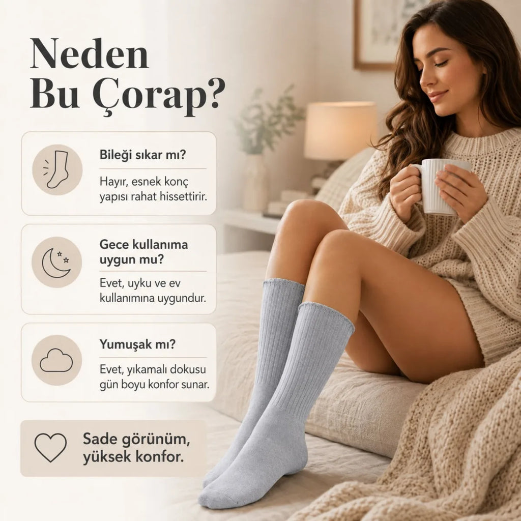 Kadın Uyku Çorabı 37-41 | Yumuşak Fitilli Sıkmayan Esnek Uzun Soket Ev Çorabı Gri Bej