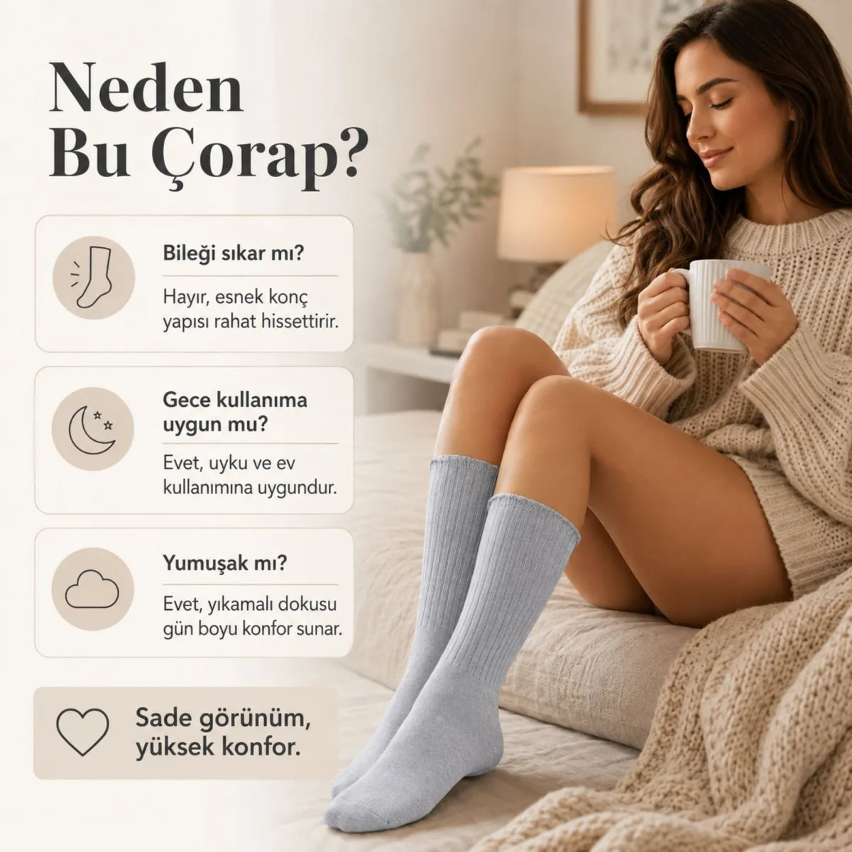 Kadın Uyku Çorabı 37-41 | Yumuşak Fitilli Sıkmayan Esnek Uzun Soket Ev Çorabı Gri Bej