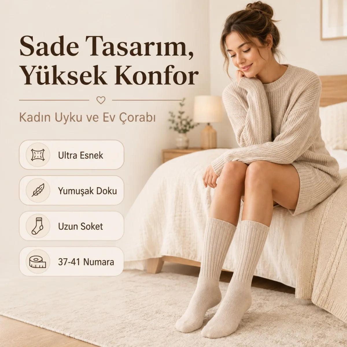 Kadın 3'lü Uyku Çorabı 37-41 | Yumuşak Fitilli Sıkmayan Esnek Uzun Soket Ev Çorabı Gri Bej