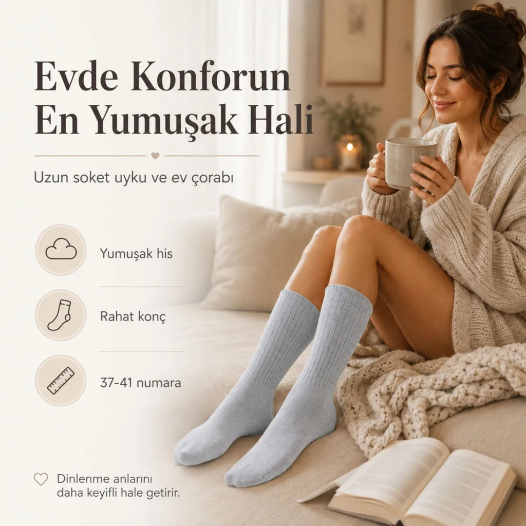 Kadın 3'lü Uyku Çorabı 37-41 | Yumuşak Fitilli Sıkmayan Esnek Uzun Soket Ev Çorabı Gri Bej