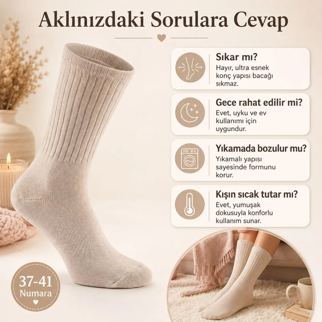 Kadın 3'lü Uyku Çorabı 37-41 | Yumuşak Fitilli Sıkmayan Esnek Uzun Soket Ev Çorabı Gri Bej