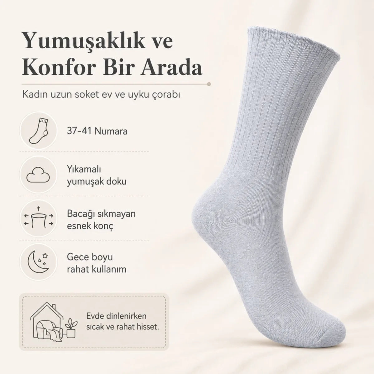 Kadın 3'lü Uyku Çorabı 37-41 | Yumuşak Fitilli Sıkmayan Esnek Uzun Soket Ev Çorabı Gri Bej
