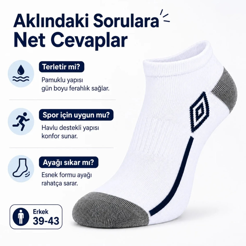 Erkek 3’lü Spor Patik Çorap 39-44 Pamuklu Havlu Destekli Bilek Boy Beyaz Gri