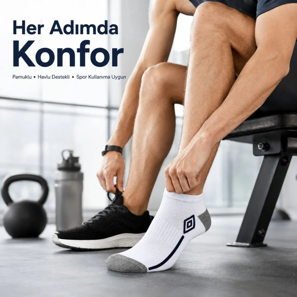 Erkek 6’lı Spor Patik Çorap 39-44 Pamuklu Havlu Destekli Bilek Boy Beyaz Gri