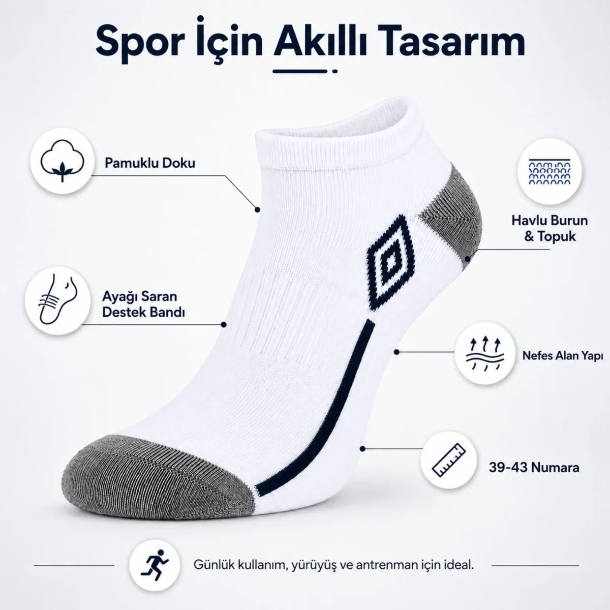 Erkek 6’lı Spor Patik Çorap 39-44 Pamuklu Havlu Destekli Bilek Boy Beyaz Gri
