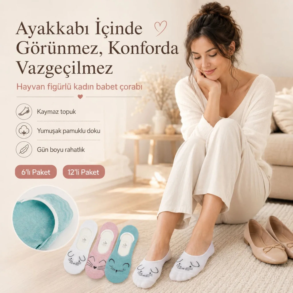 Kadın Hayvan Figürlü Görünmez Babet Çorap 6'lı | Pamuklu Kaymaz Topuk, Ekru Pembe Nane