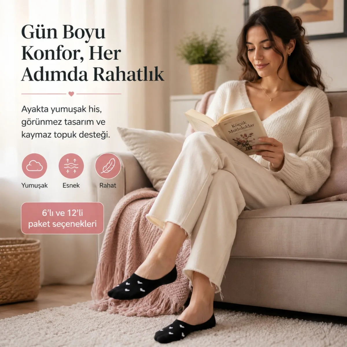 Kadın Kalp Desenli Görünmez Babet Çorap 12'li | Pamuklu Kaymaz Topuk, Siyah Beyaz Karışık