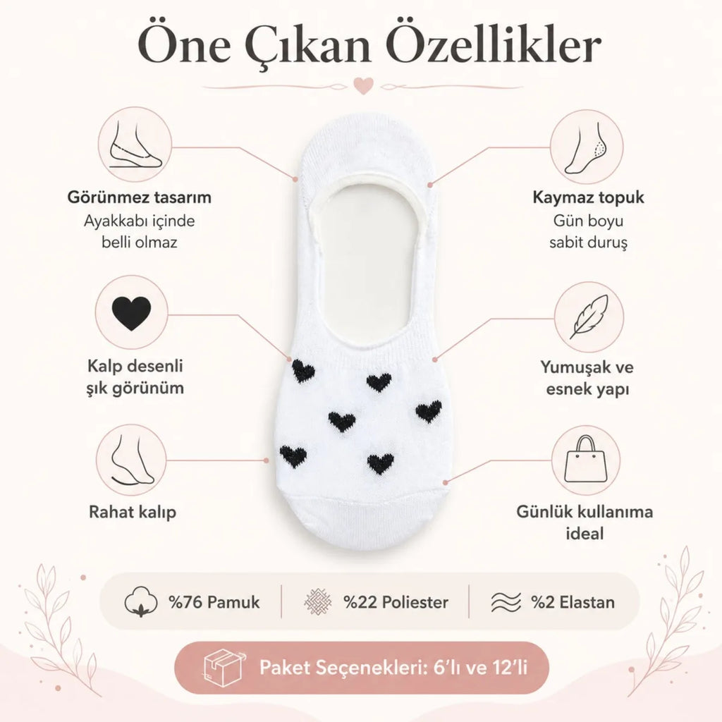 Kadın Kalp Desenli Görünmez Babet Çorap 12'li | Pamuklu Kaymaz Topuk, Siyah Beyaz Karışık