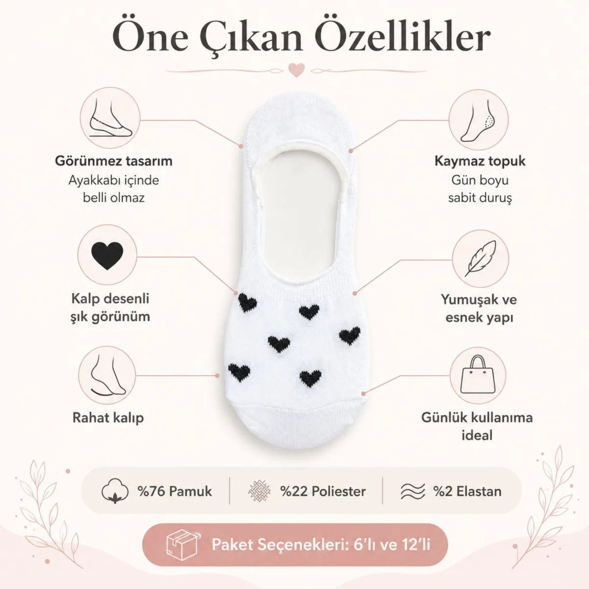 Kadın Kalp Desenli Görünmez Babet Çorap 6'lı | Pamuklu Kaymaz Topuk, Siyah Beyaz Karışık