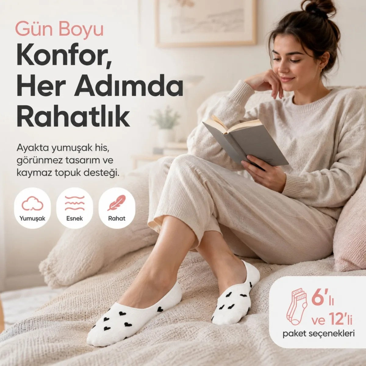 Kadın Kalp Desenli Görünmez Babet Çorap 6'lı | Pamuklu Kaymaz Topuk, Siyah Beyaz Karışık