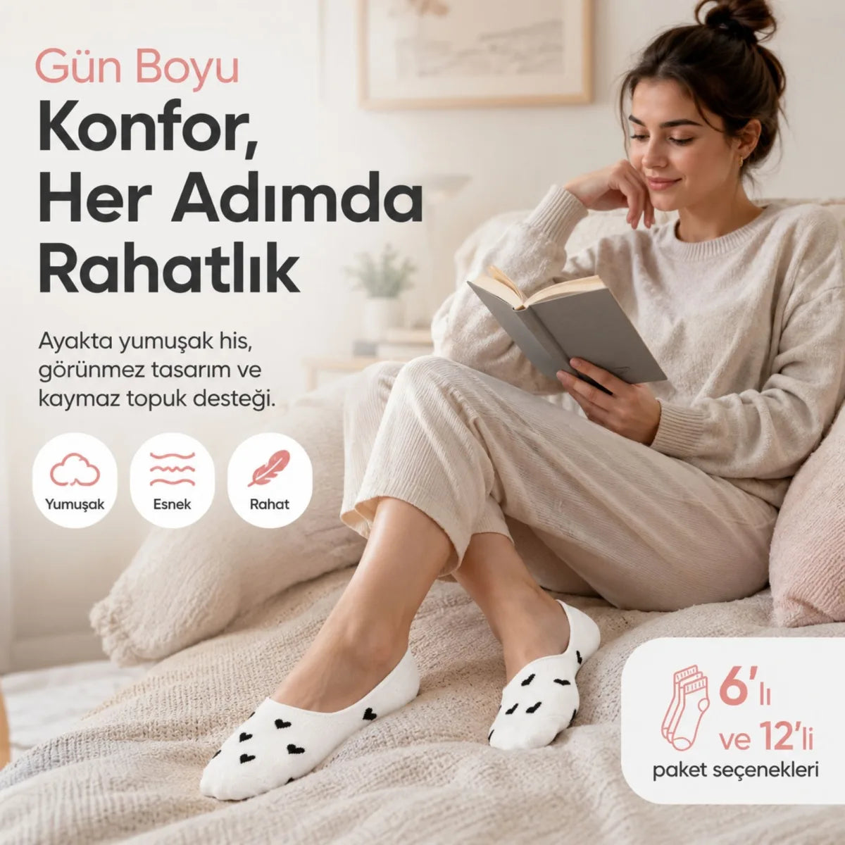 Kadın Kalp Desenli Görünmez Babet Çorap 6'lı | Pamuklu Kaymaz Topuk, Siyah Beyaz Karışık
