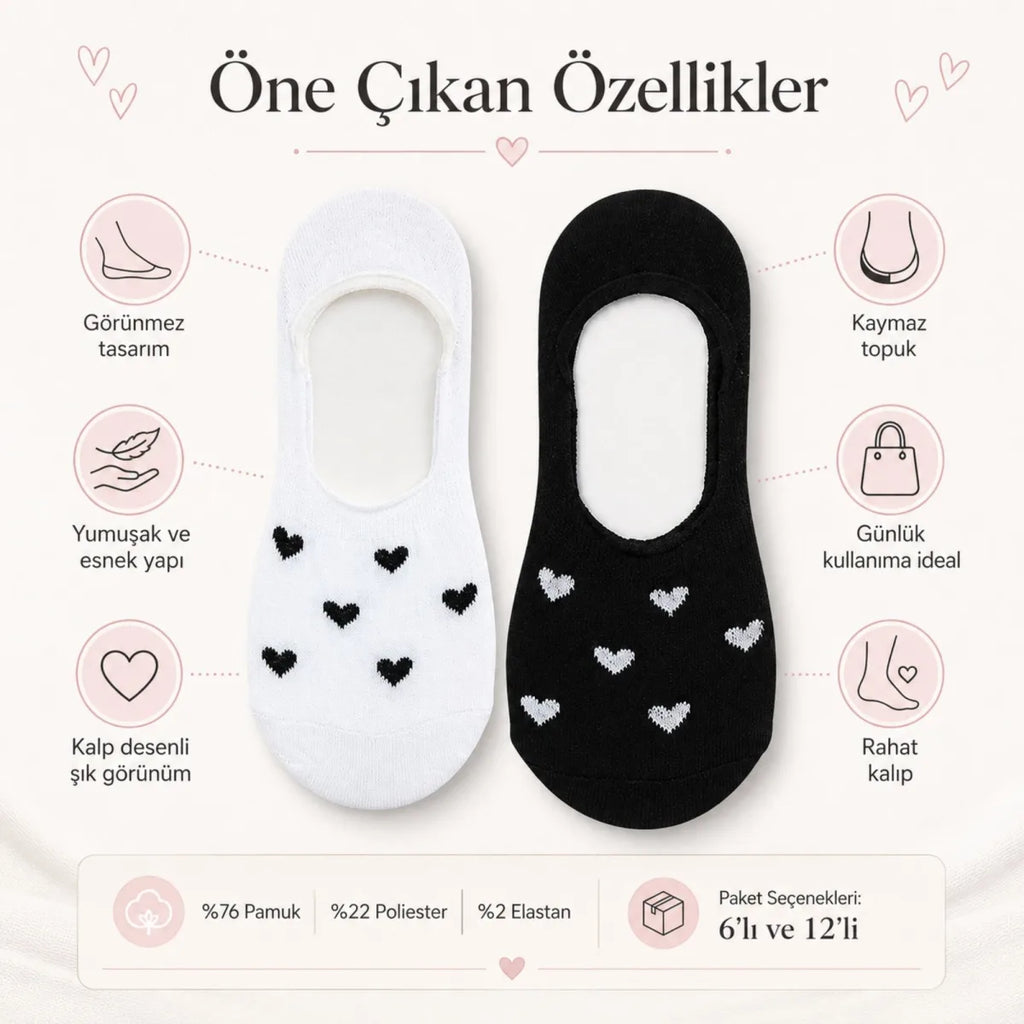 Kadın Kalp Desenli Görünmez Babet Çorap 6'lı | Pamuklu Kaymaz Topuk, Siyah Beyaz Karışık