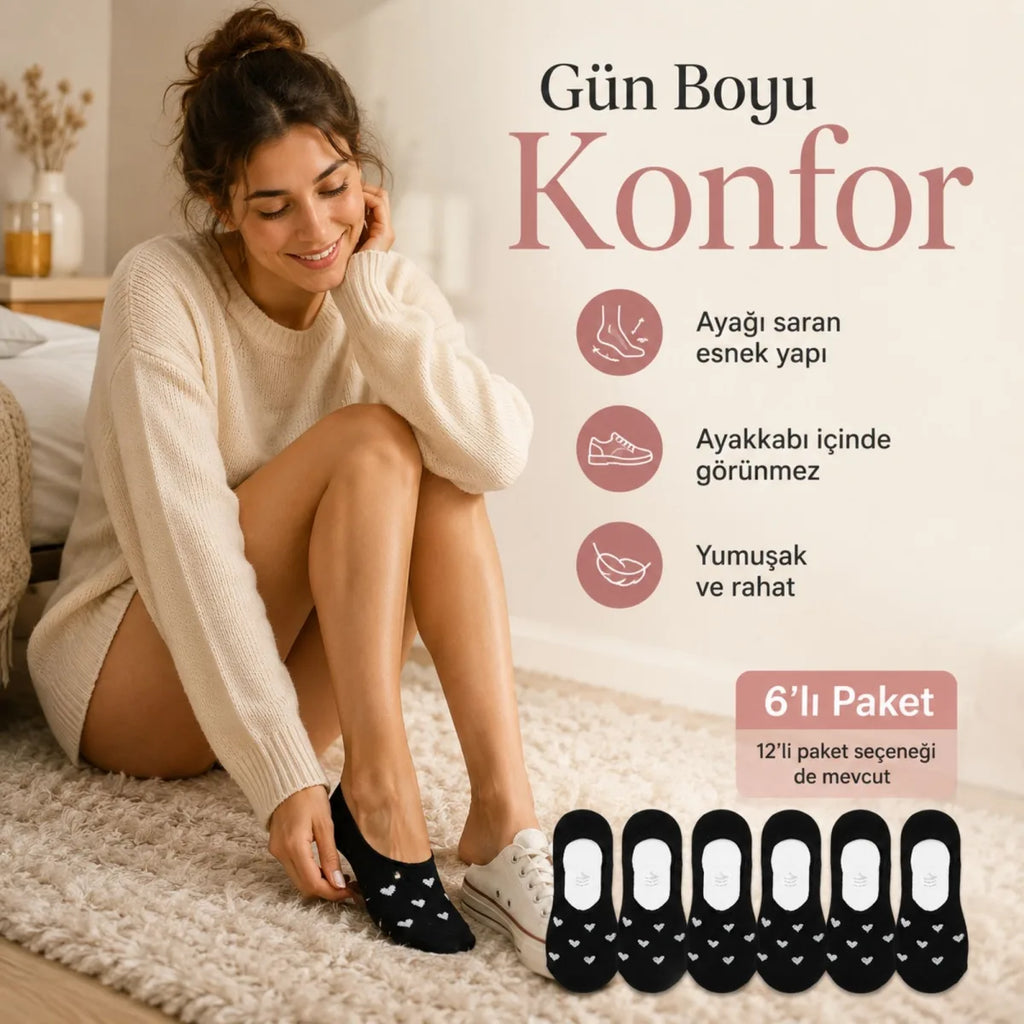 Kadın Kalp Desenli Görünmez Babet Çorap 6'lı | Pamuklu Kaymaz Topuk, Siyah Beyaz Karışık