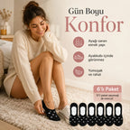 Kadın Kalp Desenli Görünmez Babet Çorap 6'lı | Pamuklu Kaymaz Topuk, Siyah Beyaz Karışık