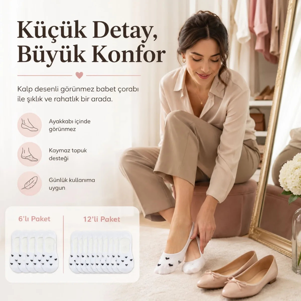 Kadın Kalp Desenli Görünmez Babet Çorap 6'lı | Pamuklu Kaymaz Topuk, Siyah Beyaz Karışık