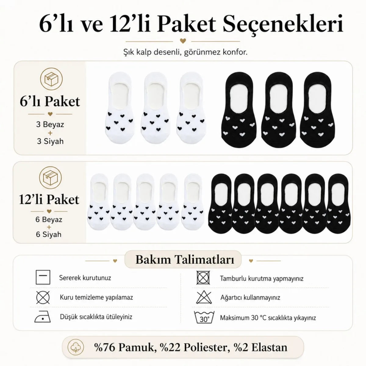 Kadın Kalp Desenli Görünmez Babet Çorap 6'lı | Pamuklu Kaymaz Topuk, Siyah Beyaz Karışık