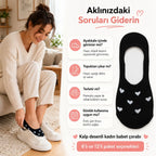 Kadın Kalp Desenli Görünmez Babet Çorap 6'lı | Pamuklu Kaymaz Topuk, Siyah Beyaz Karışık