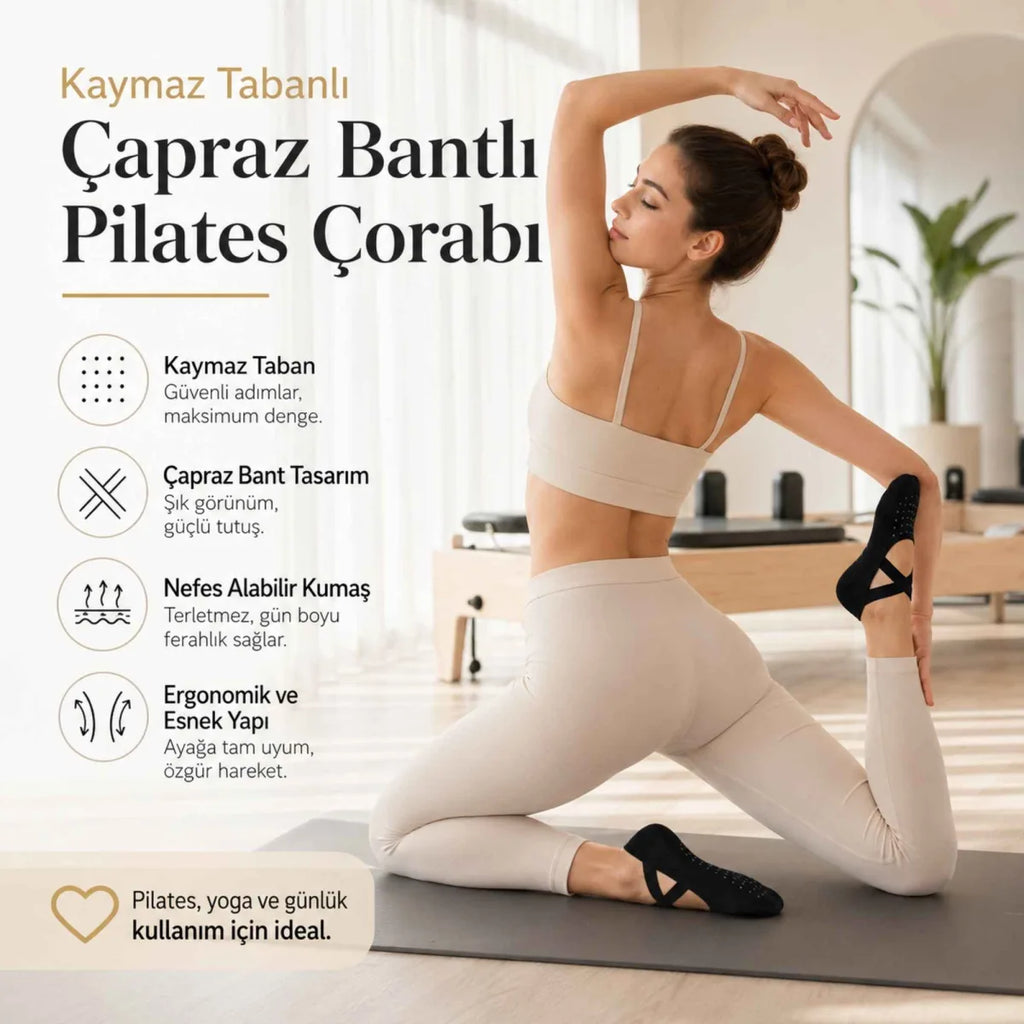 Kaymaz Tabanlı Kadın Balerin Tasarımlı Yoga Pilates Çorabı Çapraz Bantlı Spor Çorap Hac Umre Çorabı