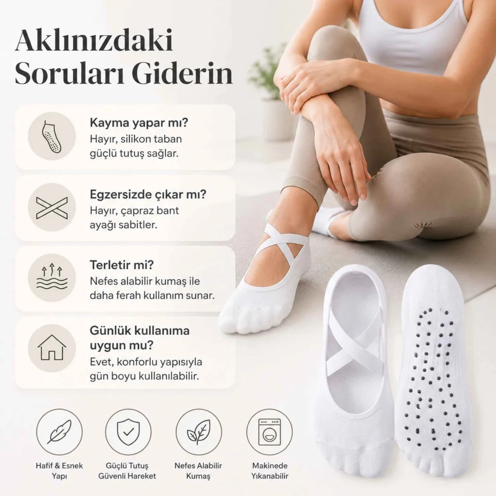 Kadın Balerin Yoga Pilates Çorabı 3'lü | Kaymaz Taban, Çapraz Bantlı, Spor Hac Umre