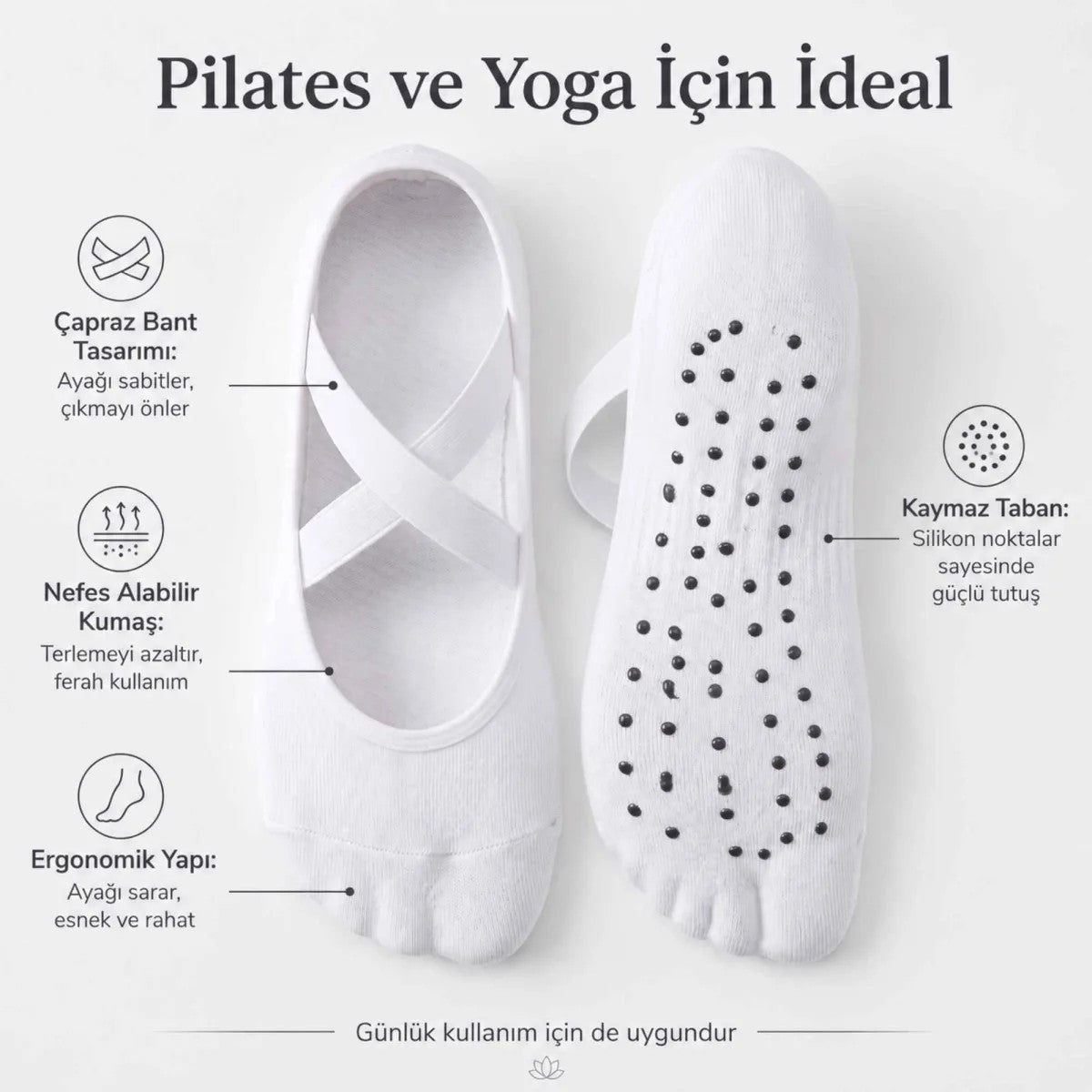 Kadın Balerin Yoga Pilates Çorabı 3'lü | Kaymaz Taban, Çapraz Bantlı, Spor Hac Umre