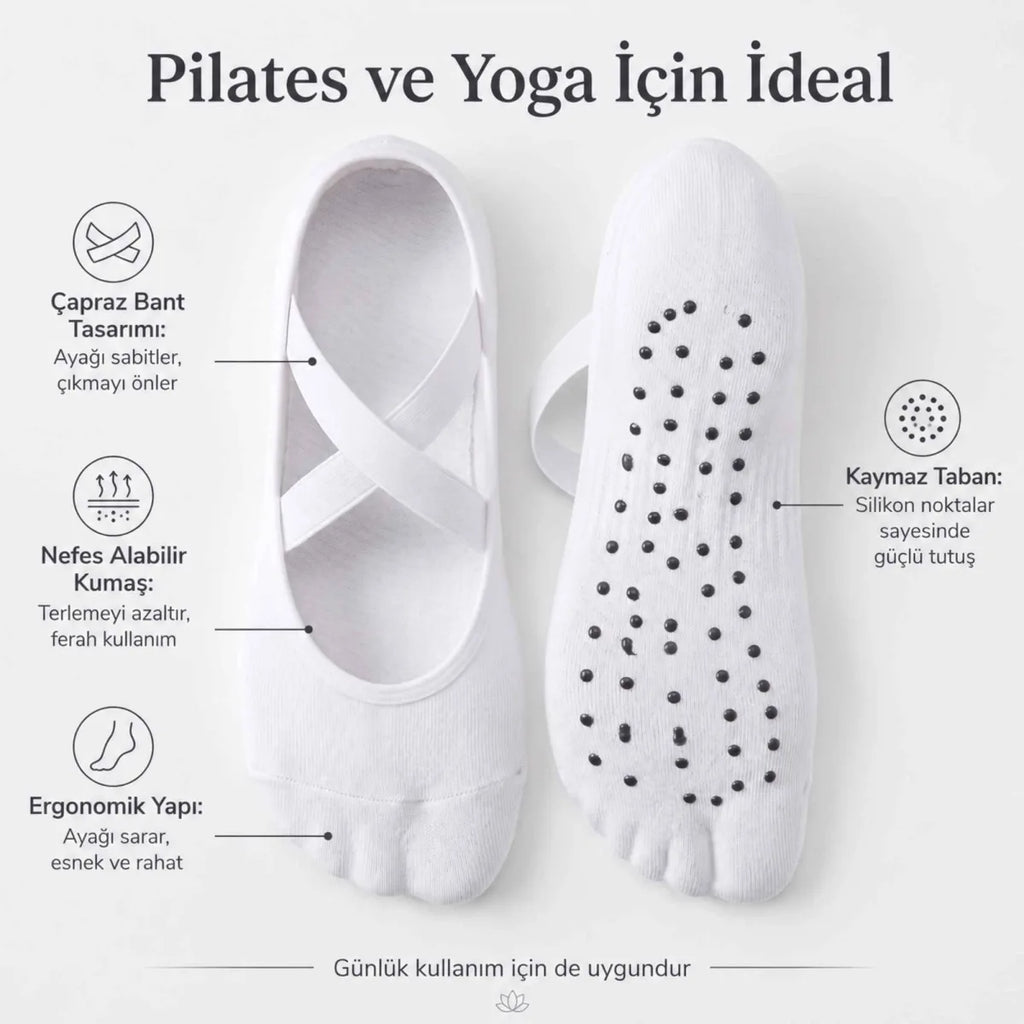 Kadın Balerin Yoga Pilates Çorabı 3'lü | Kaymaz Taban, Çapraz Bantlı, Spor Hac Umre