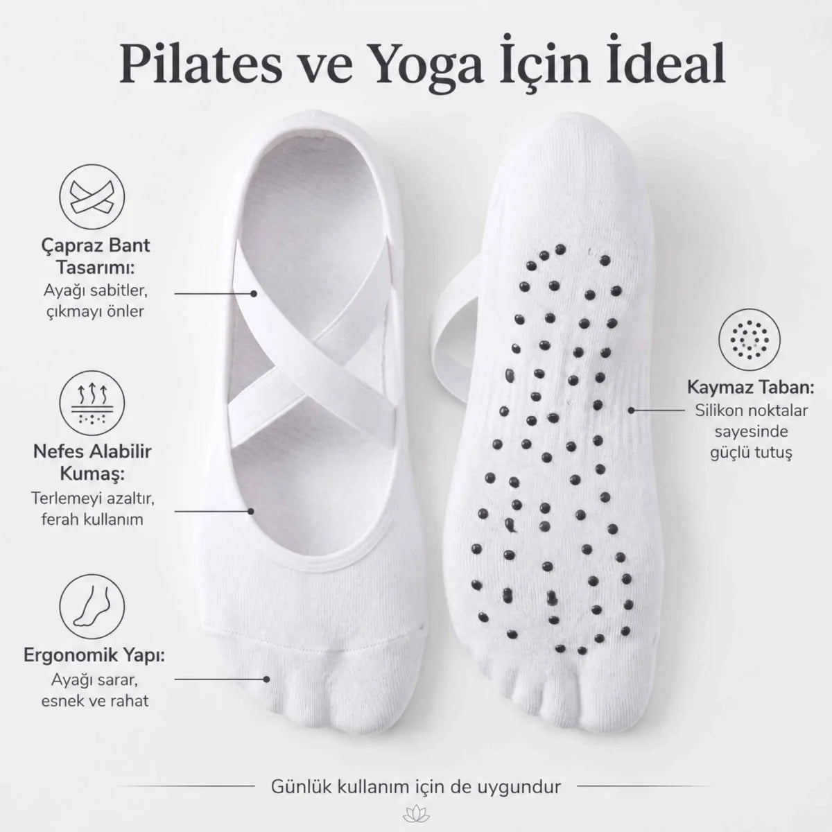 Kadın Balerin Yoga Pilates Çorabı 3'lü | Kaymaz Taban, Çapraz Bantlı, Spor Hac Umre
