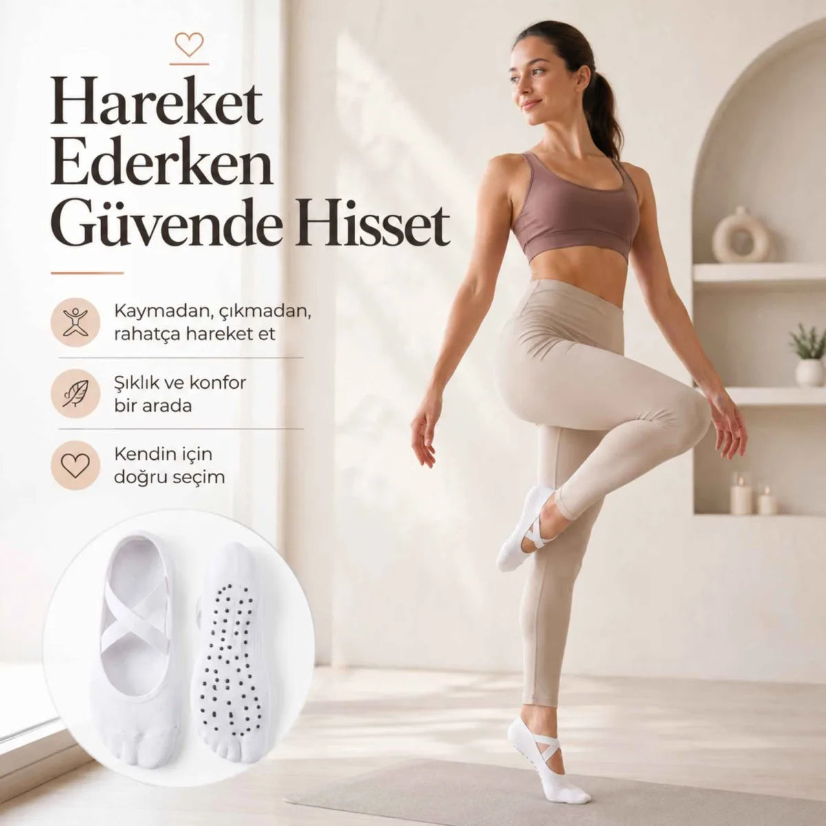 Kadın Balerin Yoga Pilates Çorabı 3'lü | Kaymaz Taban, Çapraz Bantlı, Spor Hac Umre