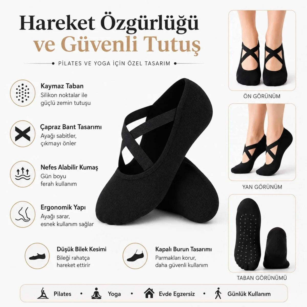 Kadın Balerin Yoga Pilates Çorabı 3'lü | Kaymaz Taban, Çapraz Bantlı, Spor Hac Umre