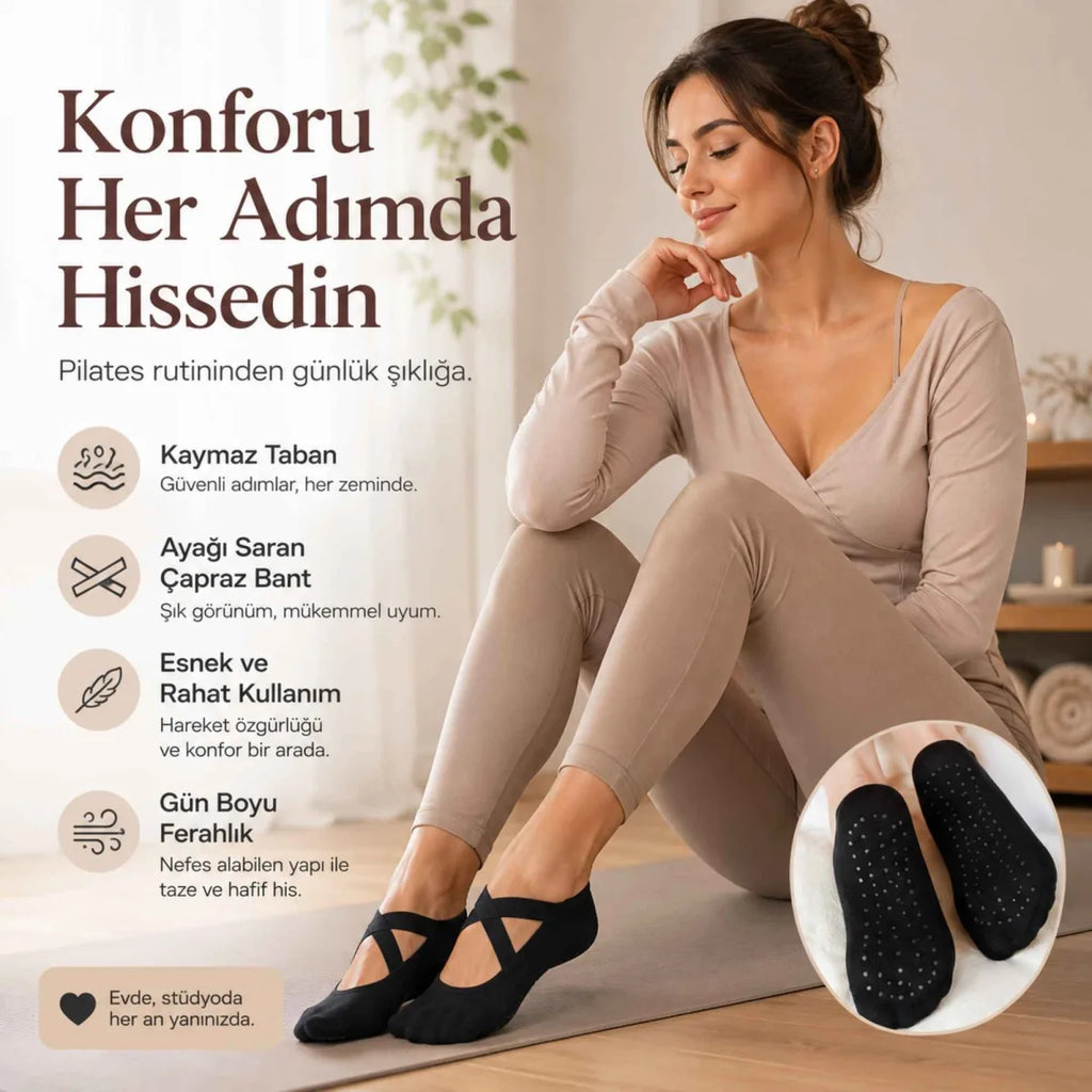 Kadın Balerin Yoga Pilates Çorabı 3'lü | Kaymaz Taban, Çapraz Bantlı, Spor Hac Umre