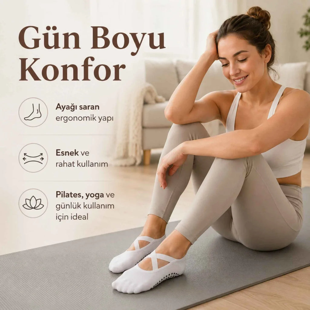 Kadın Balerin Yoga Pilates Çorabı 3'lü | Kaymaz Taban, Çapraz Bantlı, Spor Hac Umre