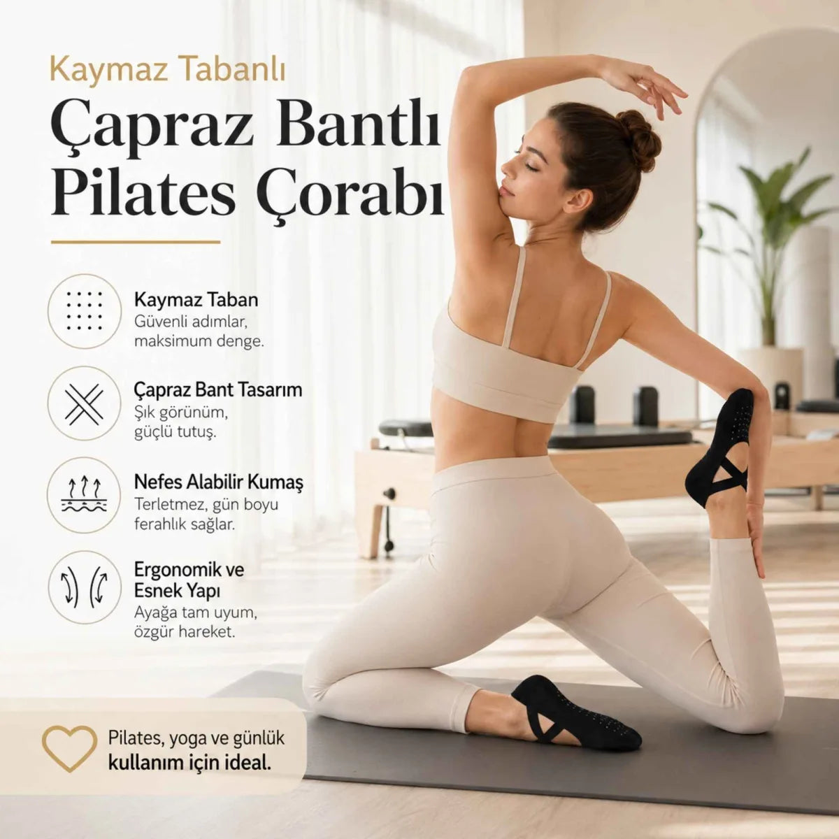 Kadın Balerin Yoga Pilates Çorabı 3'lü | Kaymaz Taban, Çapraz Bantlı, Spor Hac Umre