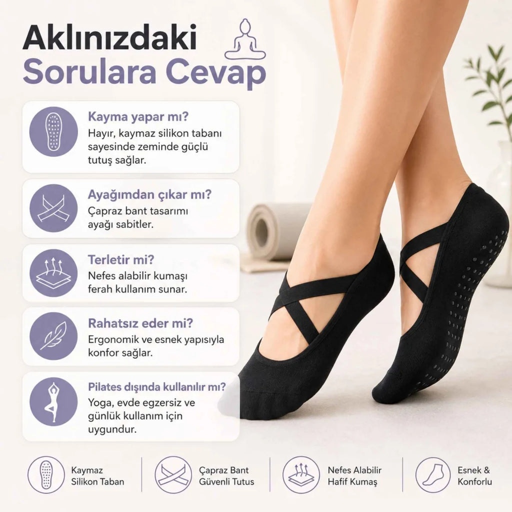 Kadın Balerin Yoga Pilates Çorabı 3'lü | Kaymaz Taban, Çapraz Bantlı, Spor Hac Umre