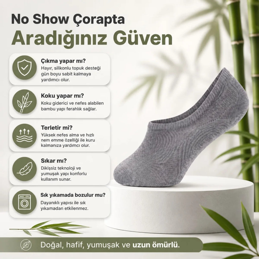 Erkek Bambu 12’li Babet Çorap Görünmez No Show Dikişsiz Silikon Topuklu