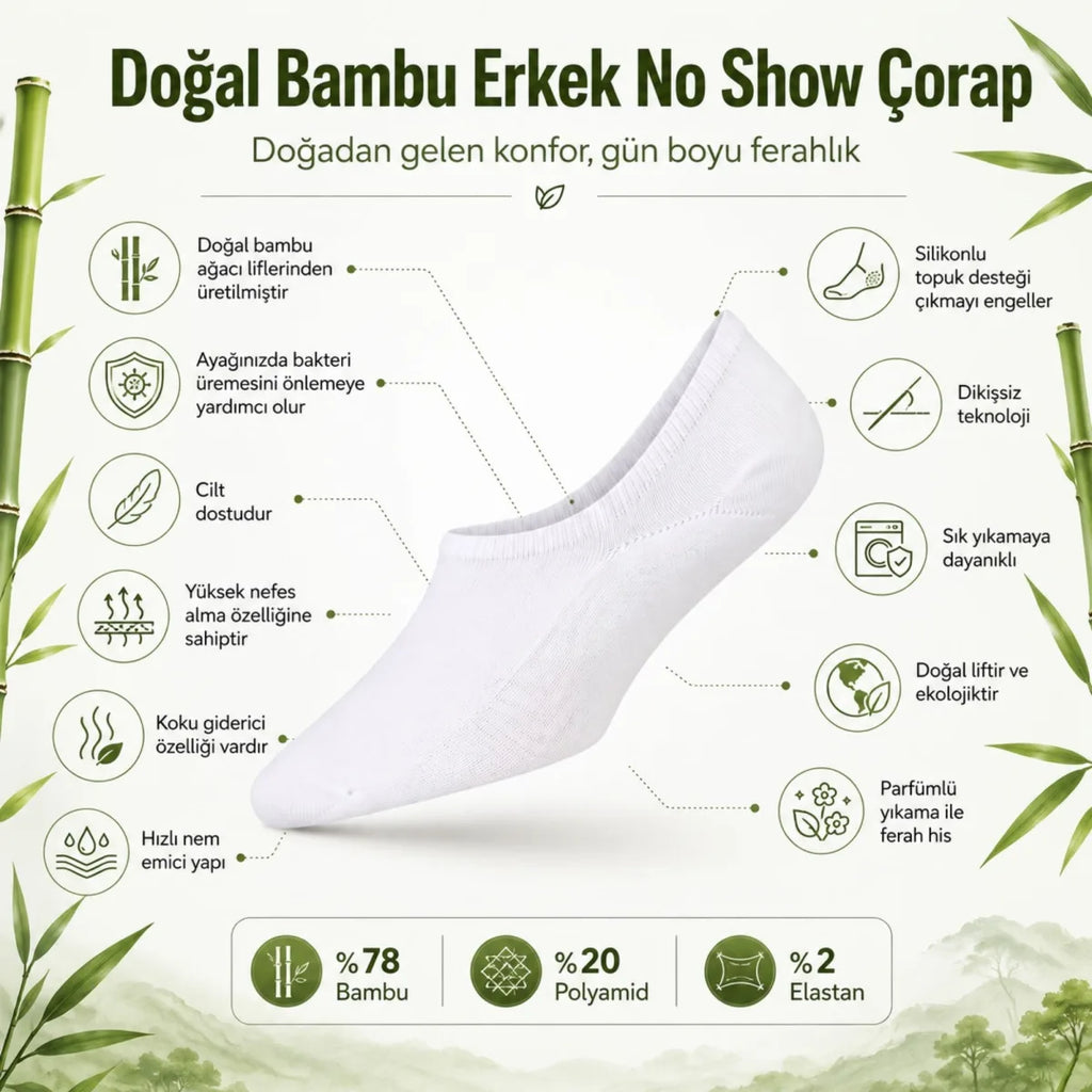 Erkek Bambu 12’li Babet Çorap Görünmez No Show Dikişsiz Silikon Topuklu