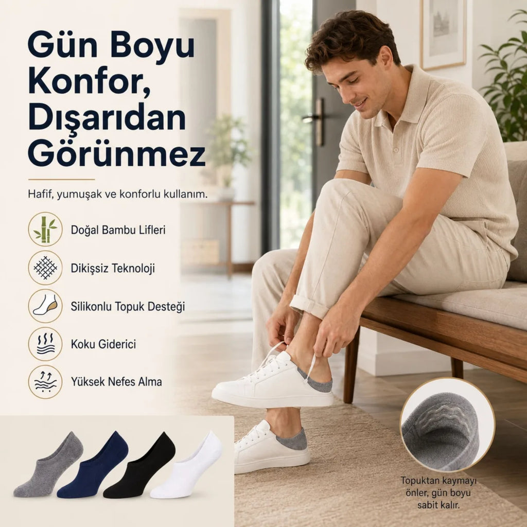 Erkek Bambu 4’lü Babet Çorap Görünmez No Show Dikişsiz Silikon Topuklu