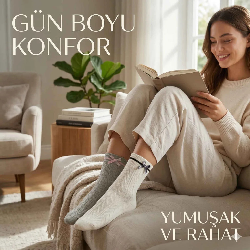 Kadın Fiyonklu Örgü Soket Çorap 4’lü Set – Yumuşak Pamuklu Dokulu Şık Günlük Çorap