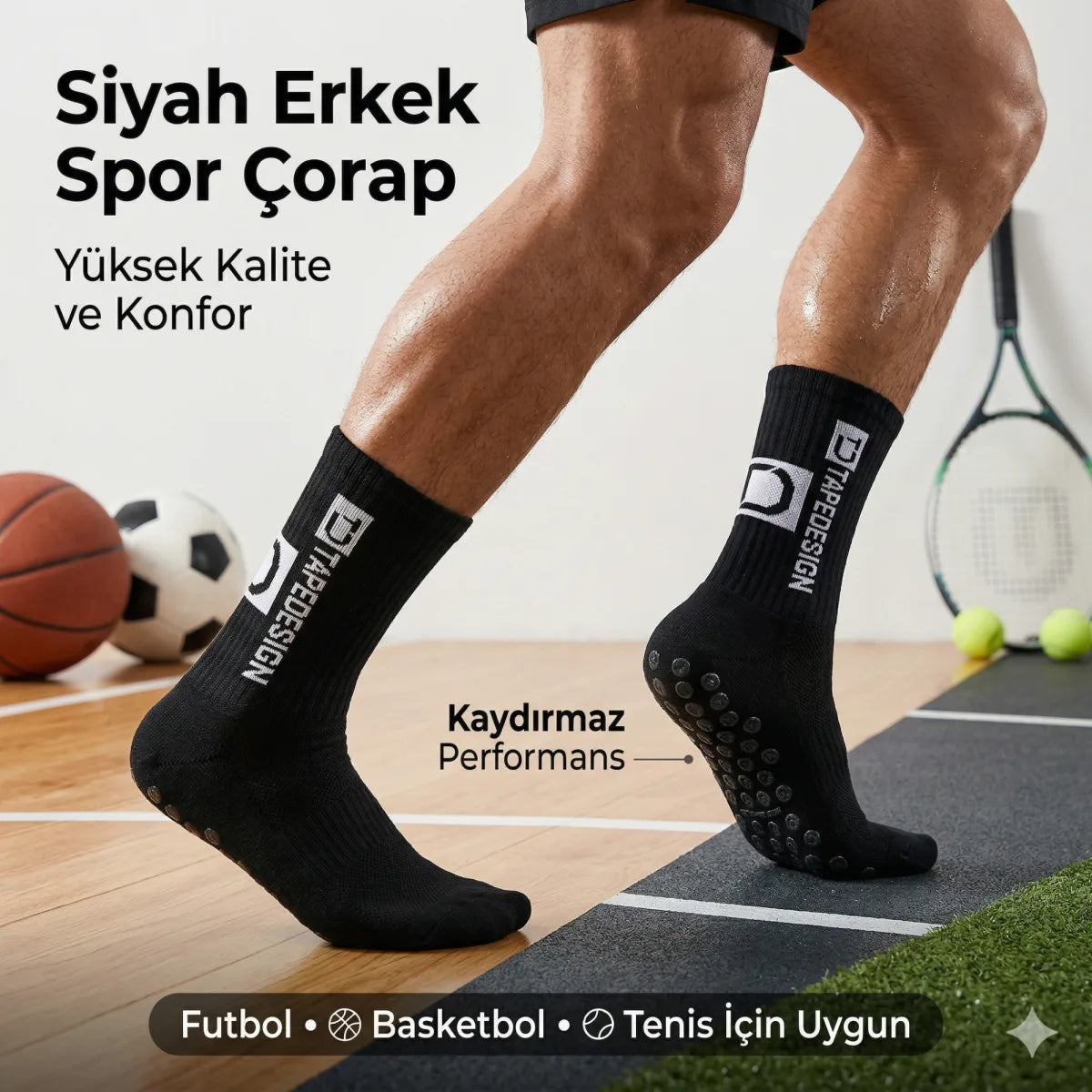 Erkek Kaydırmaz Futbol Basketbol Tenis Spor Çorap | Siyah Kaymaz Tabanlı Dikişsiz Parfümlü