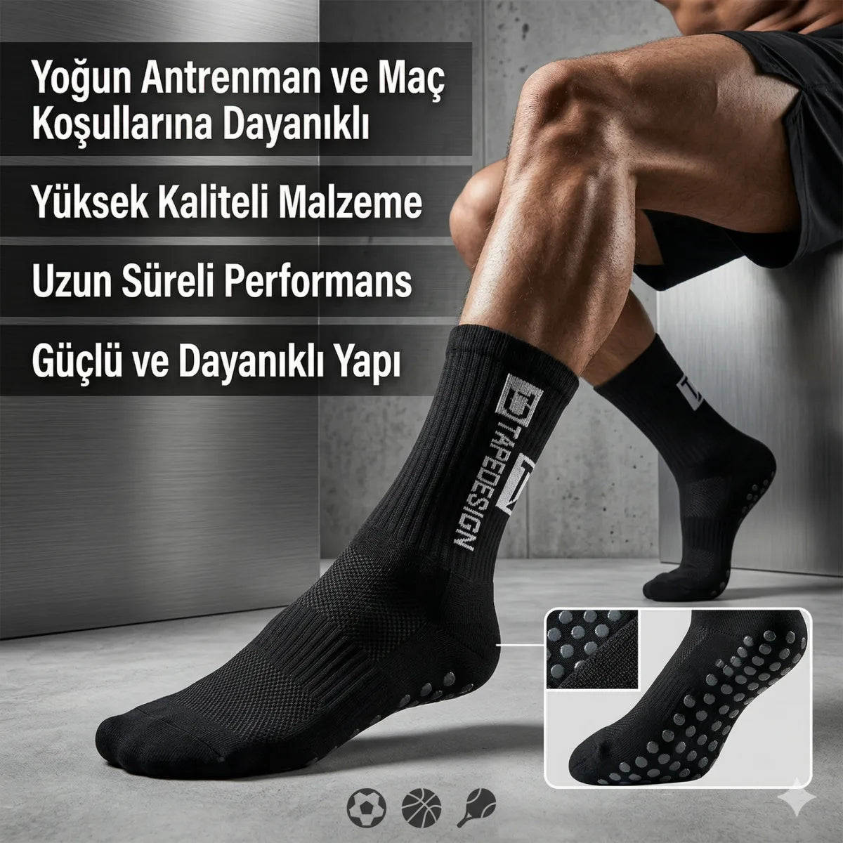 Erkek Kaydırmaz Futbol Basketbol Tenis Spor Çorap | Siyah Kaymaz Tabanlı Dikişsiz Parfümlü