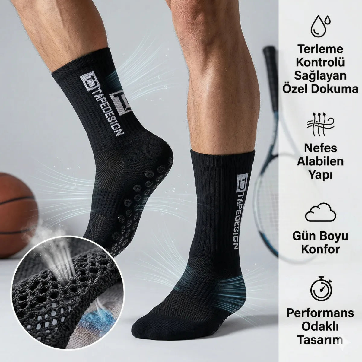 Erkek Kaydırmaz Futbol Basketbol Tenis Spor Çorap | Siyah Kaymaz Tabanlı Dikişsiz Parfümlü